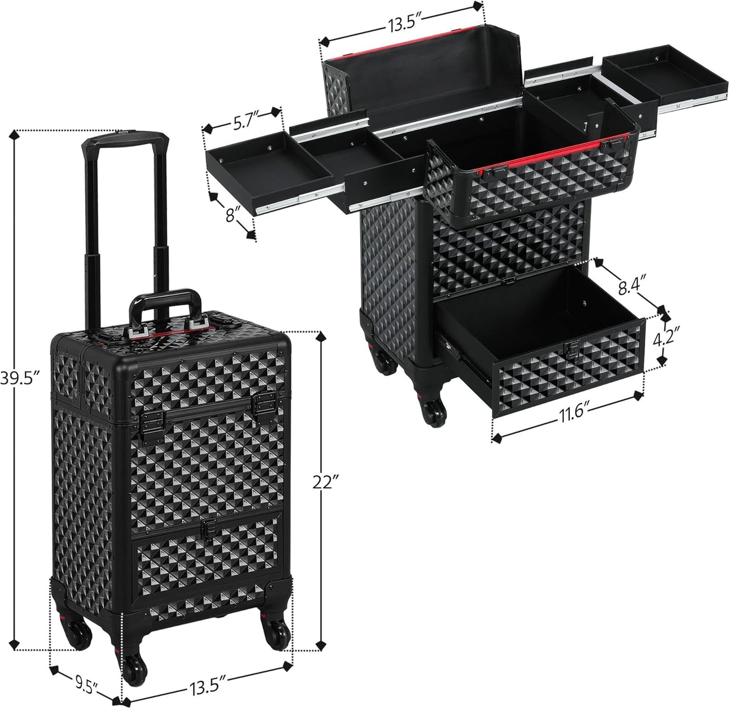 Professional Rolling Makeup Train Case - Aluminum Cosmetic Trolley with Wheels, Lockable Design, Sliding Drawers, and Removable Divider in Black/Red