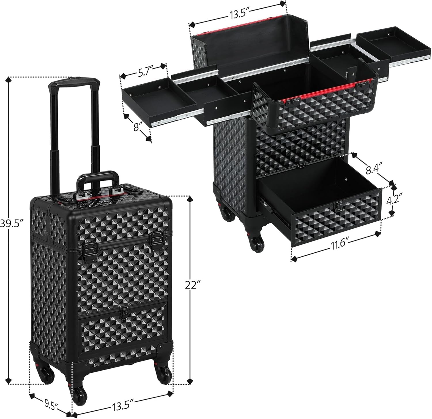 Professional Rolling Makeup Train Case - Aluminum Cosmetic Trolley with Wheels, Lockable Design, Sliding Drawers, and Removable Divider in Black/Red