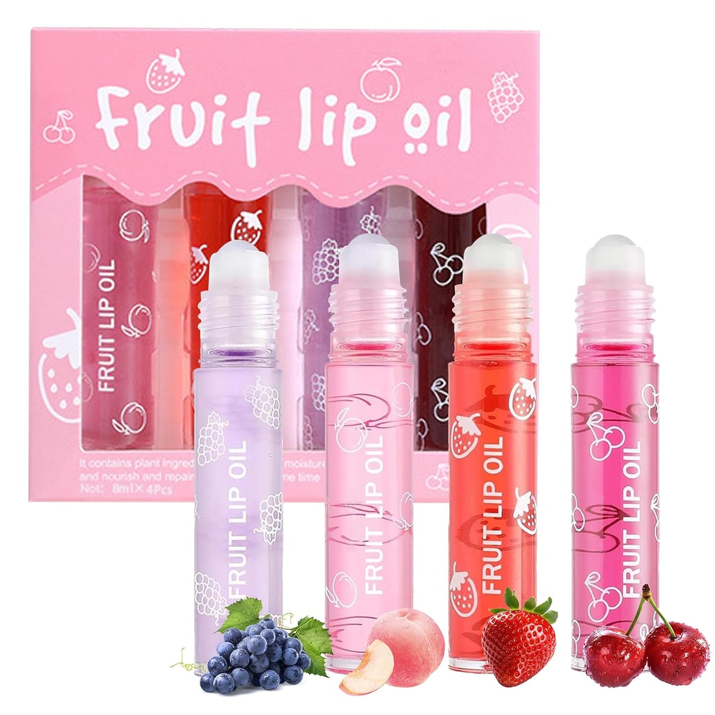 4-Piece Lip Oil Set: Moisturizing Transparent Gloss with Fruit Flavors, Hydrating Roll-On Plumping Gloss, Long-Lasting Non-Sticky Shine - Perfect Makeup Gift Kit