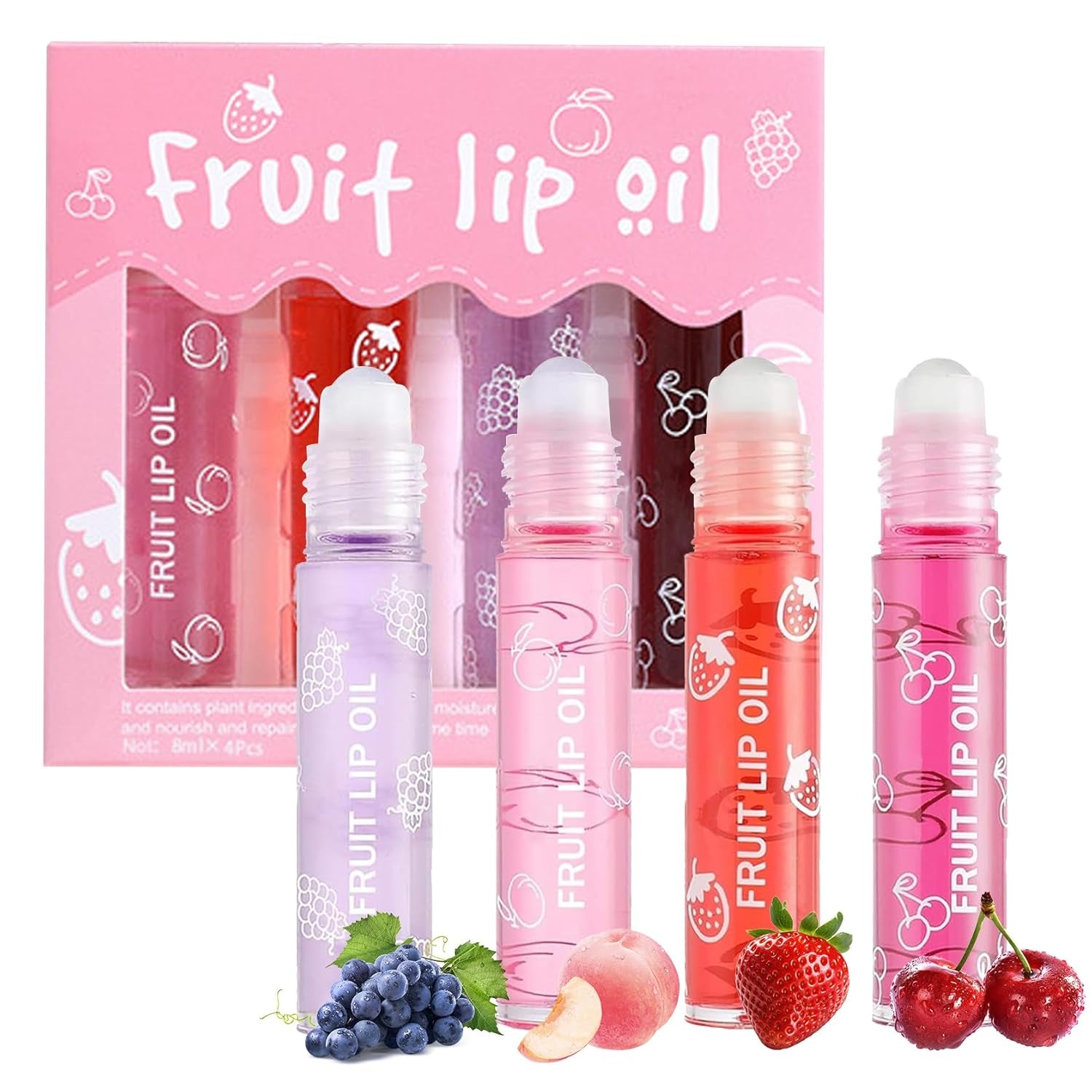 4-Piece Lip Oil Set: Moisturizing Transparent Gloss with Fruit Flavors, Hydrating Roll-On Plumping Gloss, Long-Lasting Non-Sticky Shine - Perfect Makeup Gift Kit