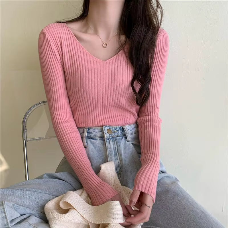 Women's Casual Long Sleeve Knitted Pullover - Autumn/Winter 2025 Solid Jersey Sweater