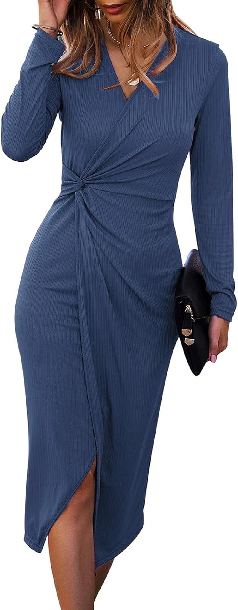 Women's Long Sleeve Midi Dress: Casual V-Neck Twist Waist Ribbed Knit Bodycon with Slit for Cocktail Parties