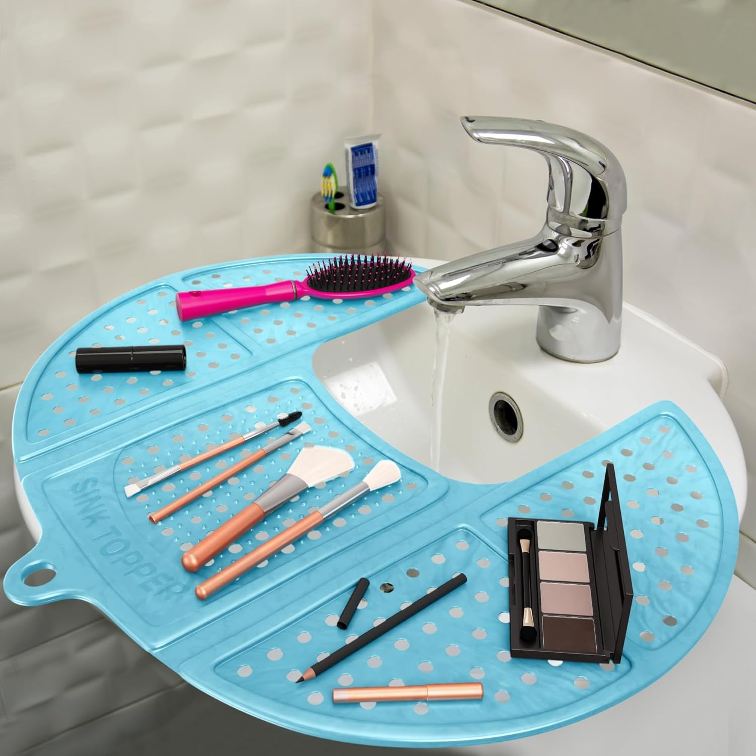 Bathroom Sink Cover for Enhanced Counter Space and Storage | Essential RV Accessory | Silicone Foldable Makeup Brush Cleaning Mat | Hot Tools Organizer | Standard Size, Pacific Blue