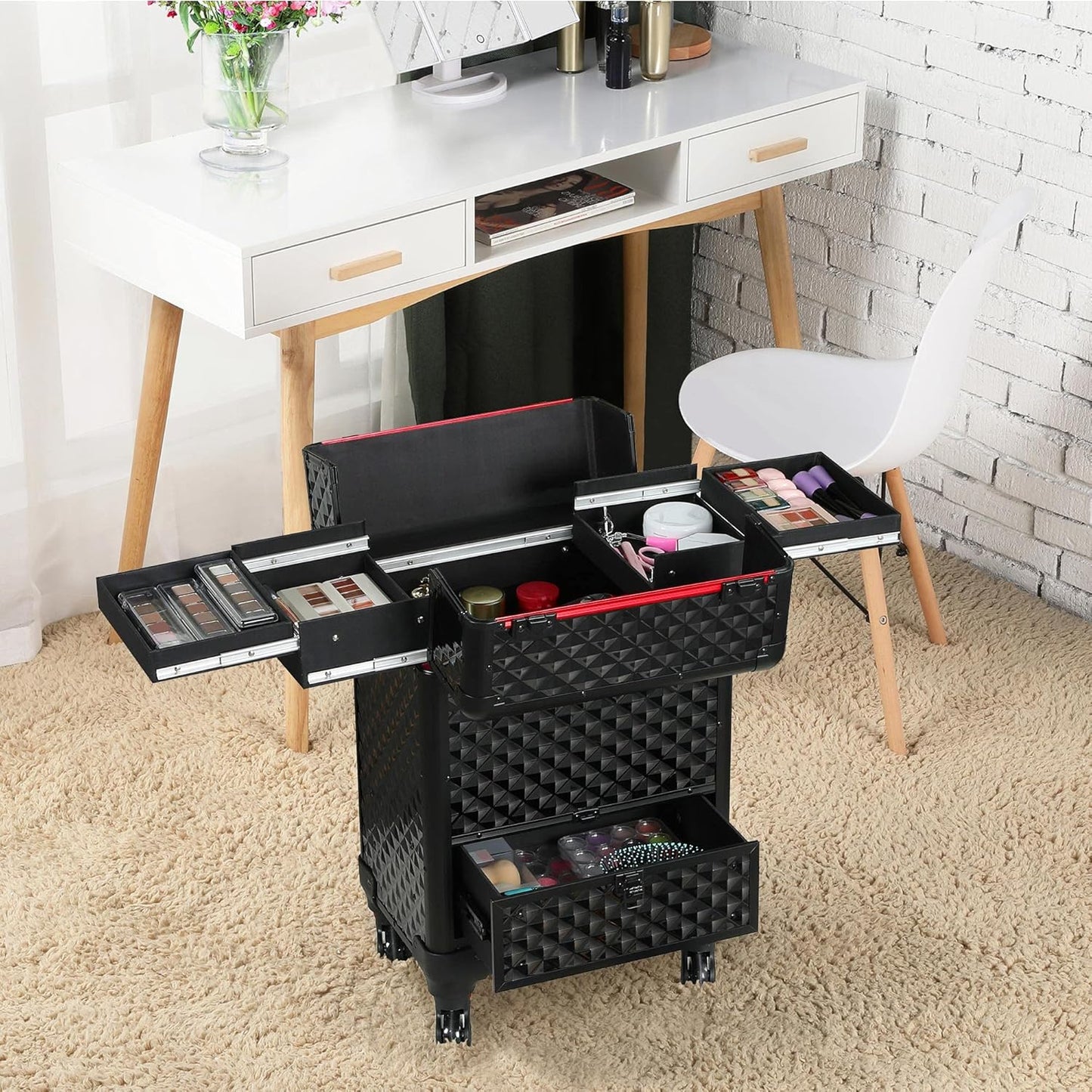 Professional Rolling Makeup Train Case - Aluminum Cosmetic Trolley with Wheels, Lockable Design, Sliding Drawers, and Removable Divider in Black/Red