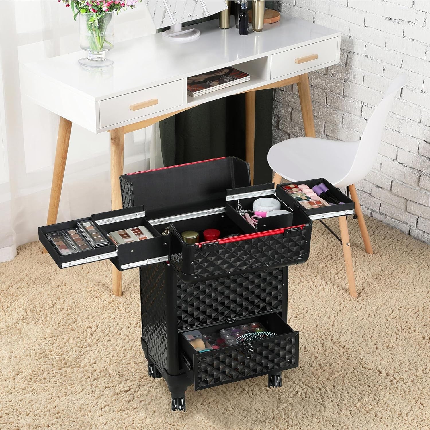 Professional Rolling Makeup Train Case - Aluminum Cosmetic Trolley with Wheels, Lockable Design, Sliding Drawers, and Removable Divider in Black/Red