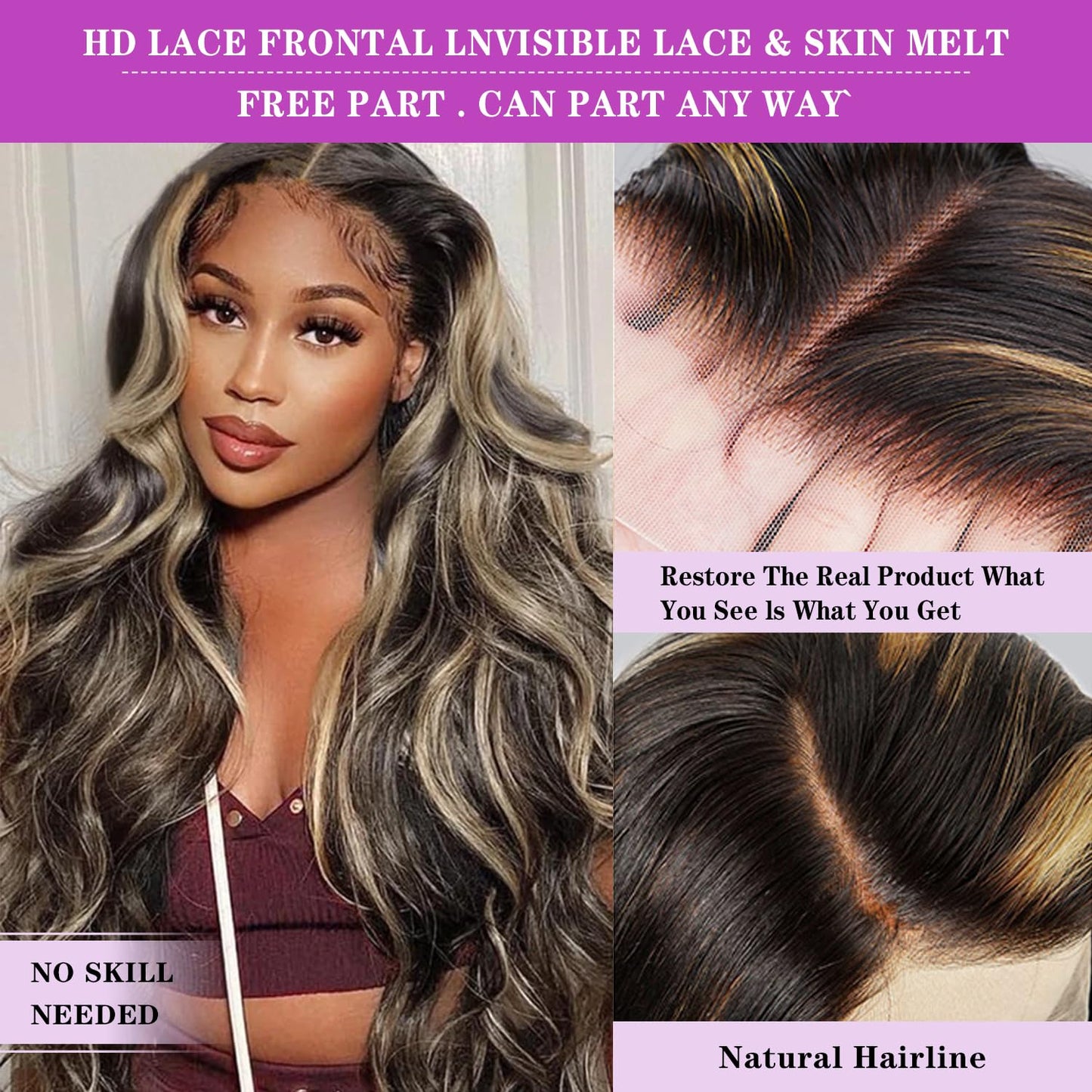 Ombre Lace Front Human Hair Wig - Pre-Plucked 1B/27 Highlights, 180 Density, 13X4 Body Wave, Glueless, 20 Inch