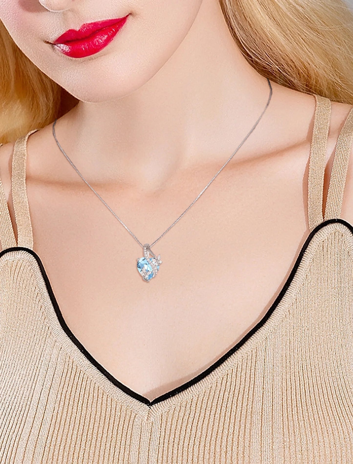 Sterling Silver Infinite Heart Pendant Butterfly Necklace for Women with Created Aquamarine Birthstone - Ideal Jewelry Gift for March Birthdays