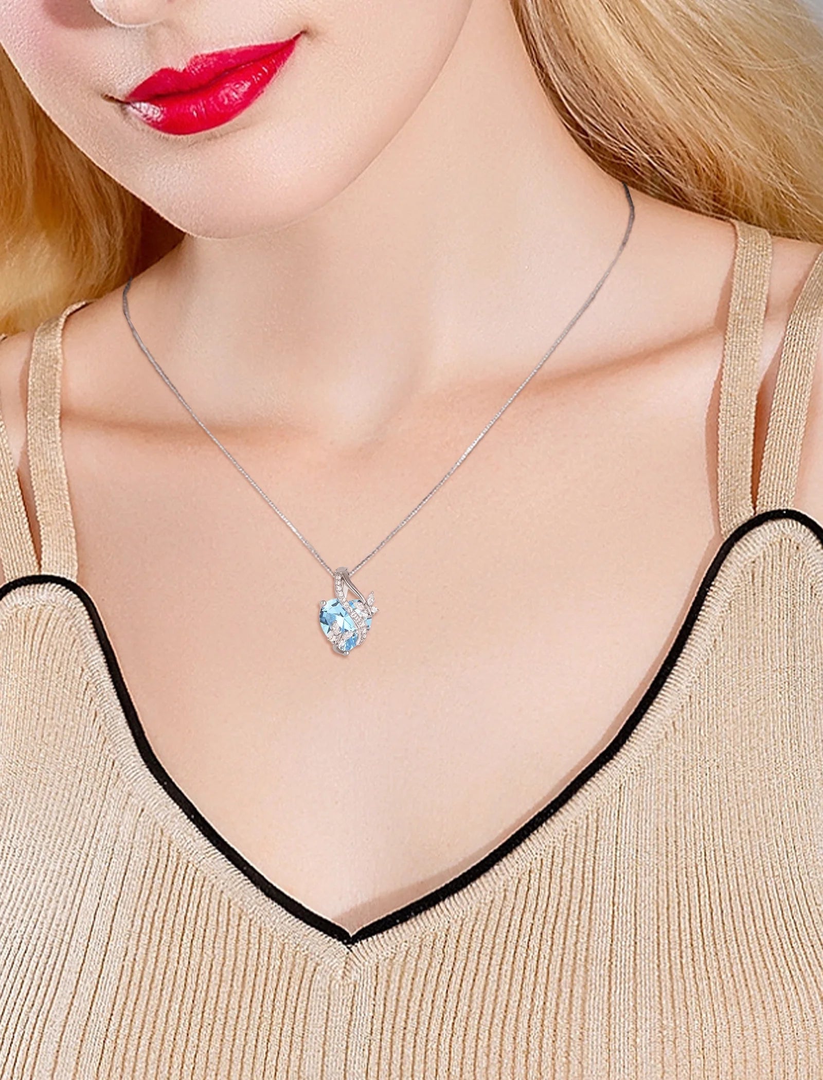 Sterling Silver Infinite Heart Pendant Butterfly Necklace for Women with Created Aquamarine Birthstone - Ideal Jewelry Gift for March Birthdays