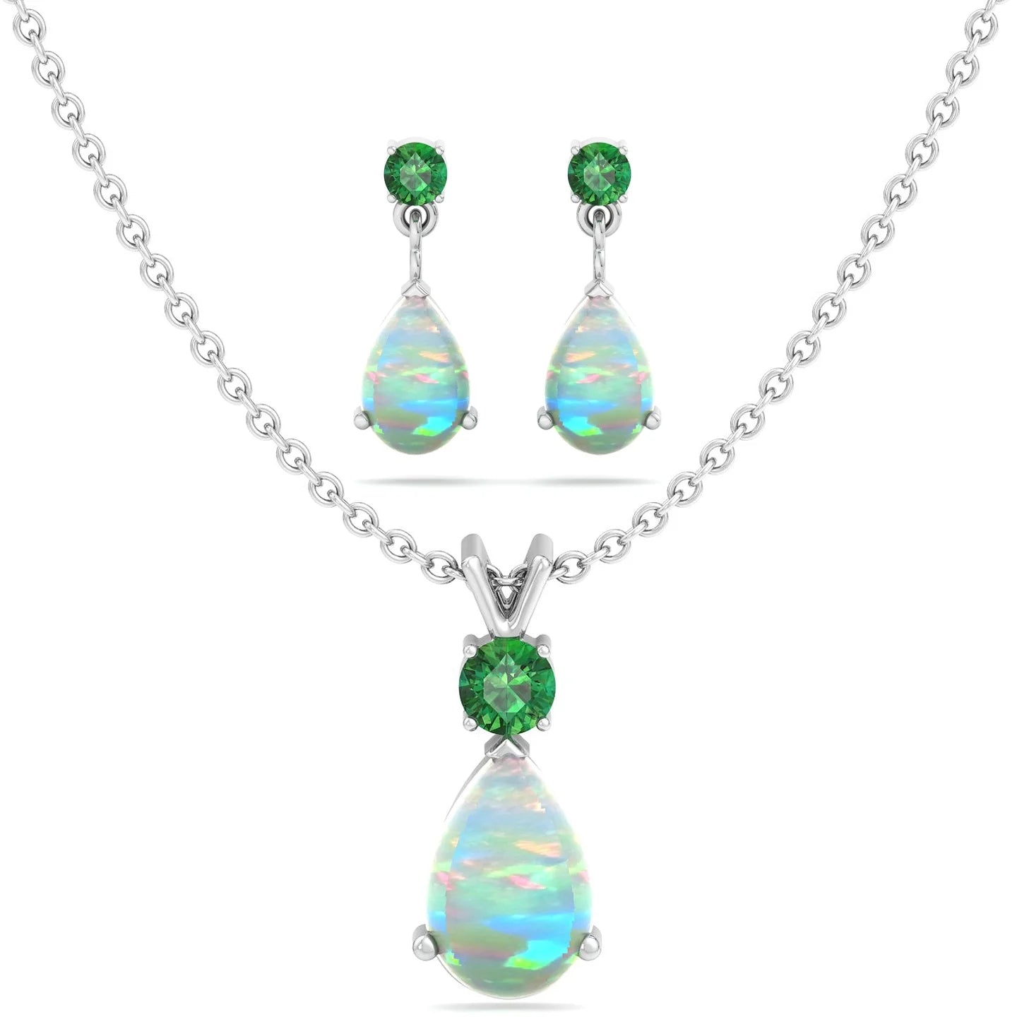 Women's Jewelry Set: Natural Pear-Shaped Opal Pendant Necklace with Created Emerald and Matching Pear-Shaped Opal and Emerald Stud Earrings