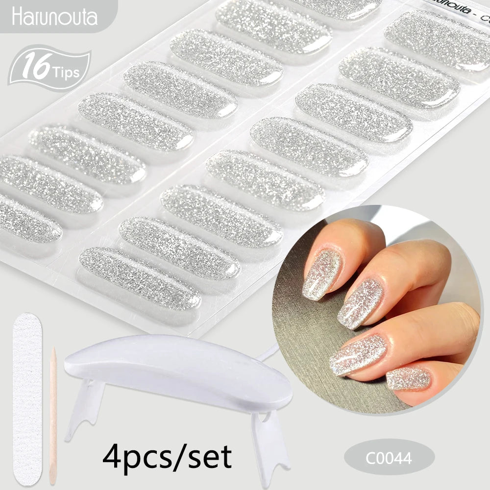 4Pcs/Set Semi Cured Gel Nail Strip with Nail Lamp Sparkly Shinning Gel Nail Polish Nail Stickers Kits Manicure Art
