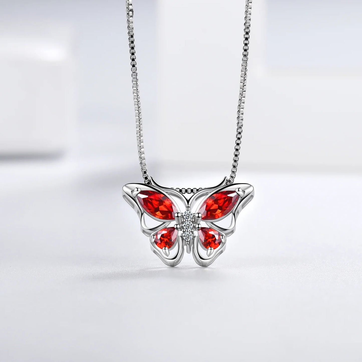 January Birthstone Jewelry Set: Red Butterfly Garnet Fine Necklace, Earrings, Ring, and Bracelet in Sterling Silver - Ideal Gifts for Christmas, Birthdays, and Mother's Day