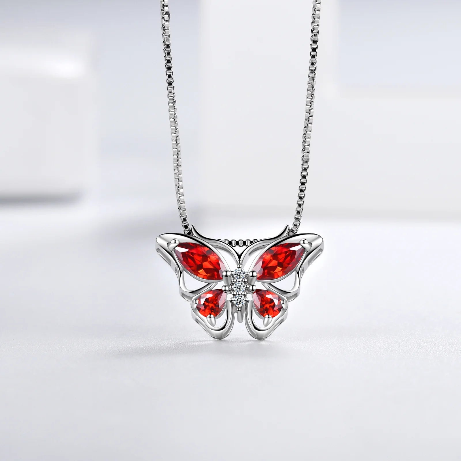 January Birthstone Jewelry Set: Red Butterfly Garnet Fine Necklace, Earrings, Ring, and Bracelet in Sterling Silver - Ideal Gifts for Christmas, Birthdays, and Mother's Day