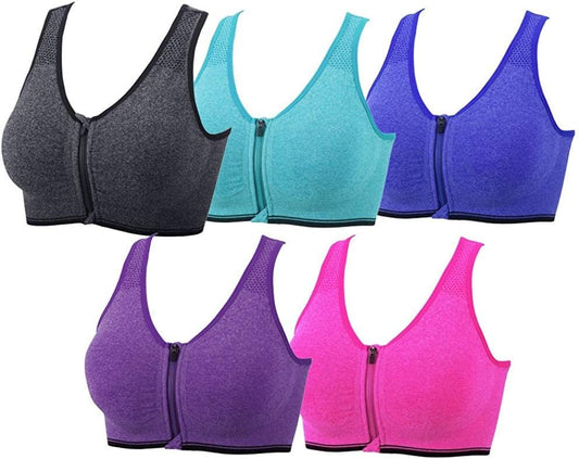 5-Pack Women's Zip Front Sports Bra - Post-Surgery Wirefree Yoga Bra with Removable Pads and Racerback Design