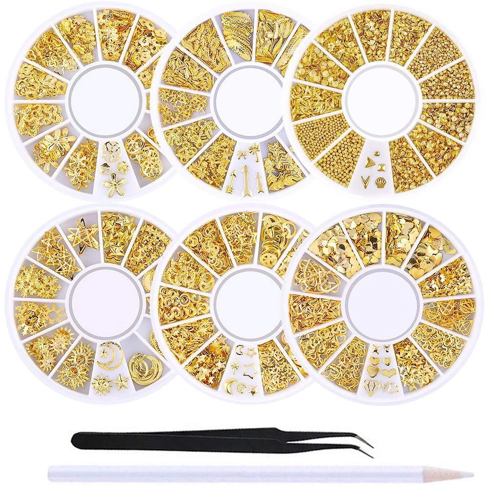 6 Boxes Gold Nail Charms Studs Rose Star Moon Feather Shape Metal Nail 3D Charm Kit 3D Nail Art Jewelry Decoration with 1Pc Tweezers and Picker Pencil Tools