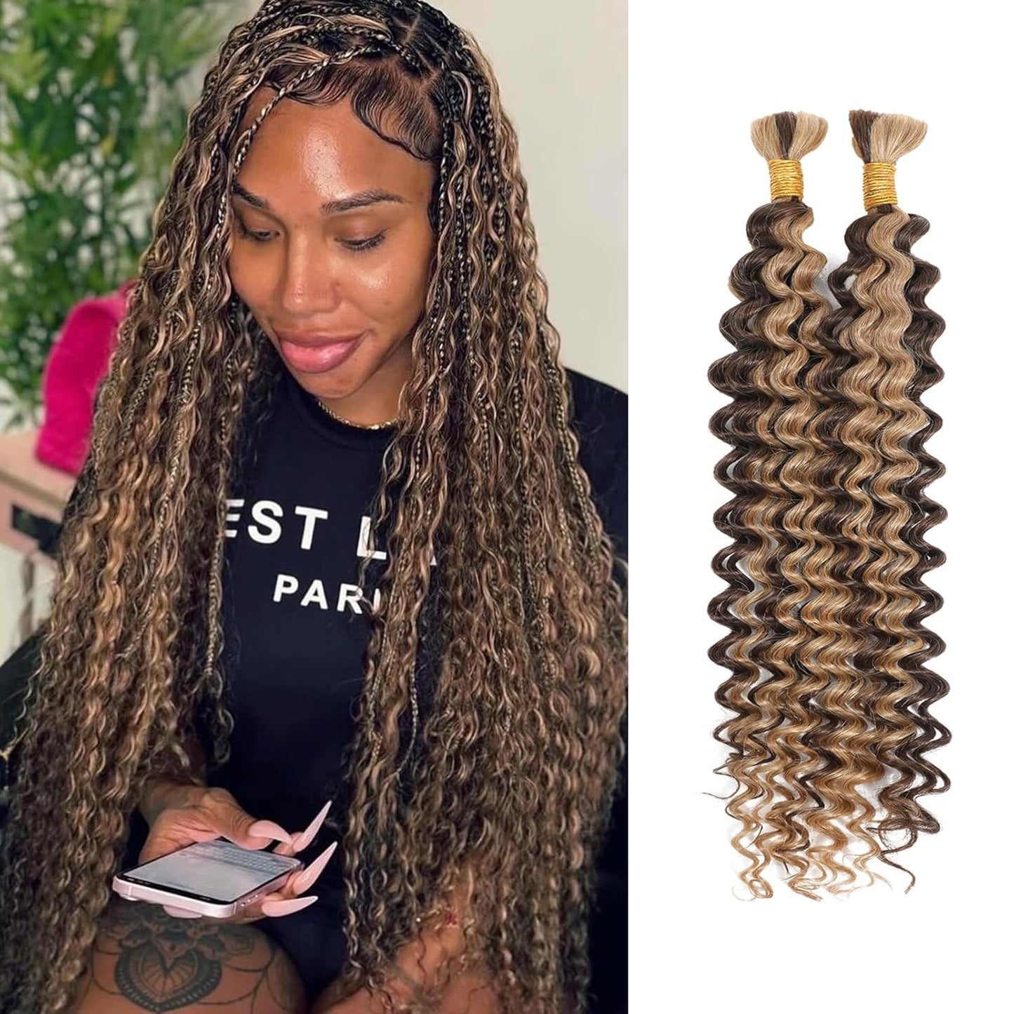 Human Braiding Hair 100G 24 Inch Bulk Deep Wave Human Hair for Braiding Boho Braids Human Hair for Bohemian Knotless Braids Micro Braiding Hair No Weft Human Hair Extensions Natural Black#