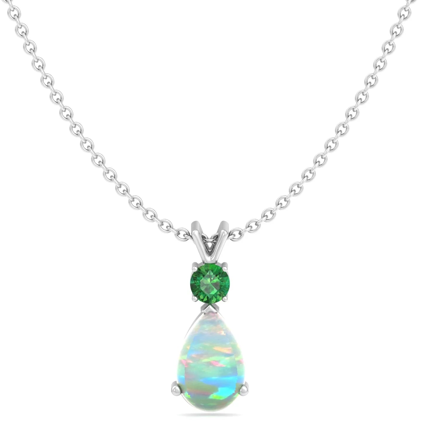 Women's Jewelry Set: Natural Pear-Shaped Opal Pendant Necklace with Created Emerald and Matching Pear-Shaped Opal and Emerald Stud Earrings