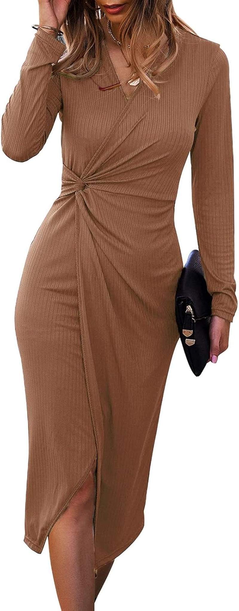 Women's Long Sleeve Midi Dress: Casual V-Neck Twist Waist Ribbed Knit Bodycon with Slit for Cocktail Parties