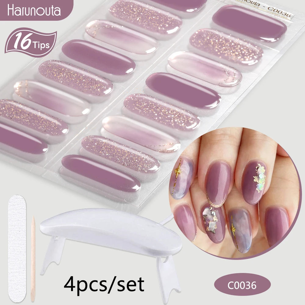 4Pcs/Set Semi Cured Gel Nail Strip with Nail Lamp Sparkly Shinning Gel Nail Polish Nail Stickers Kits Manicure Art
