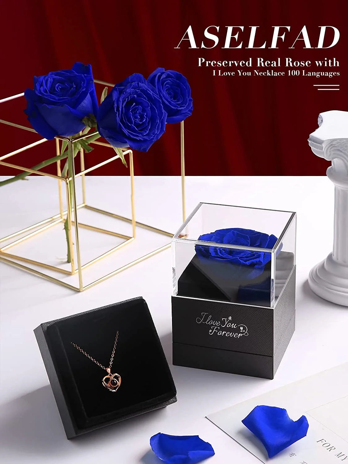 Eternal Preserved Red Rose with "I Love You" Necklace in 100 Languages - Timeless Floral Gift for Mother's Day, Birthdays, Anniversaries, and Romantic Occasions