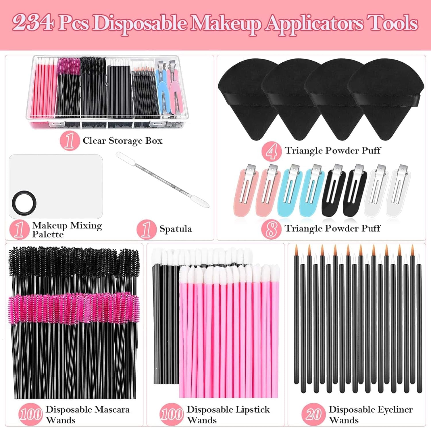 Disposable Makeup Applicators Kit with Triangle Puff Mixing Palette, Mascara Wands, Lip Brushes, Hair Clips, and Powder Puffs in Storage Box