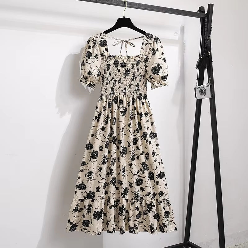 Spring Summer Chiffon Dresses Fashion Female Elastic Waist Short Sleeve Pleated Casual Dress Women A-Line Dresses Vestidos