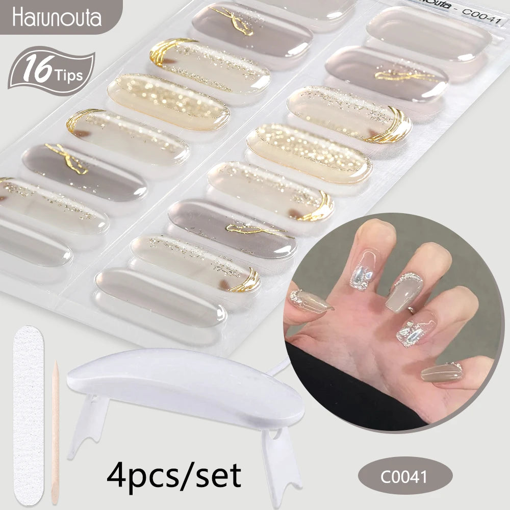 4Pcs/Set Semi Cured Gel Nail Strip with Nail Lamp Sparkly Shinning Gel Nail Polish Nail Stickers Kits Manicure Art