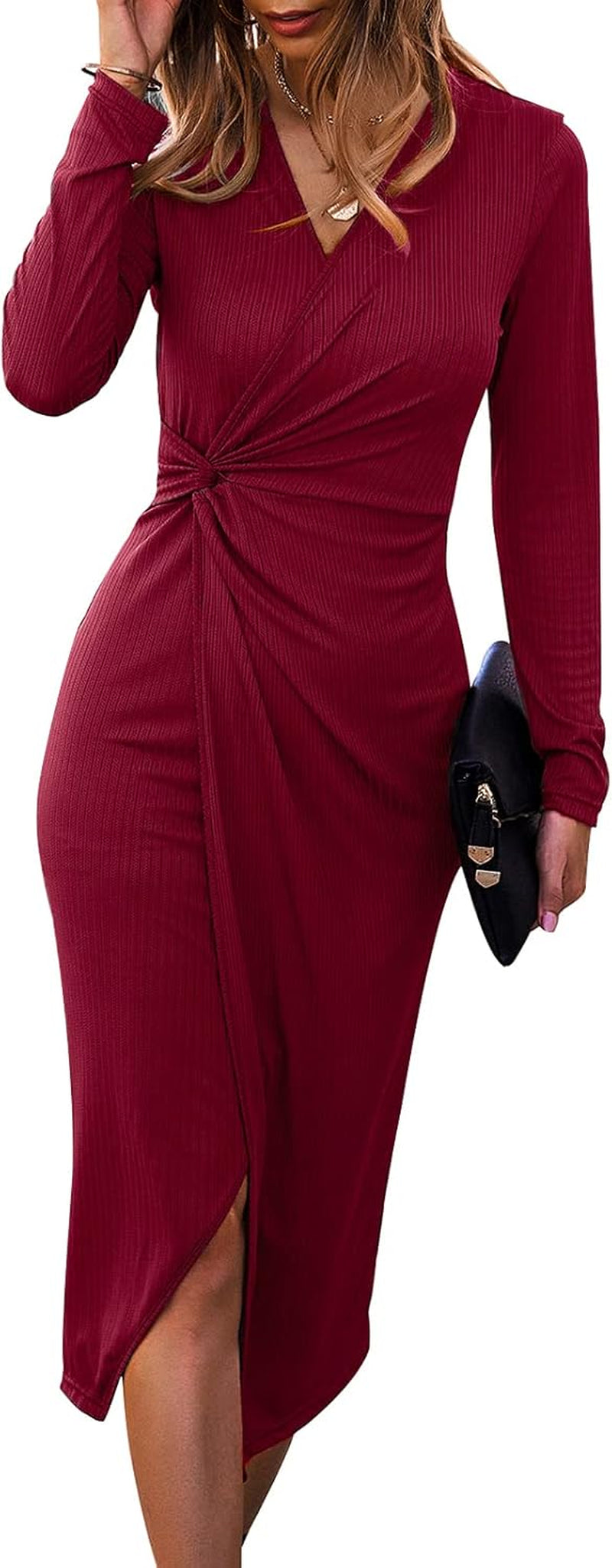 Women's Long Sleeve Midi Dress: Casual V-Neck Twist Waist Ribbed Knit Bodycon with Slit for Cocktail Parties