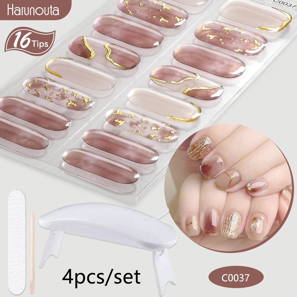 4Pcs/Set Semi Cured Gel Nail Strip with Nail Lamp Sparkly Shinning Gel Nail Polish Nail Stickers Kits Manicure Art