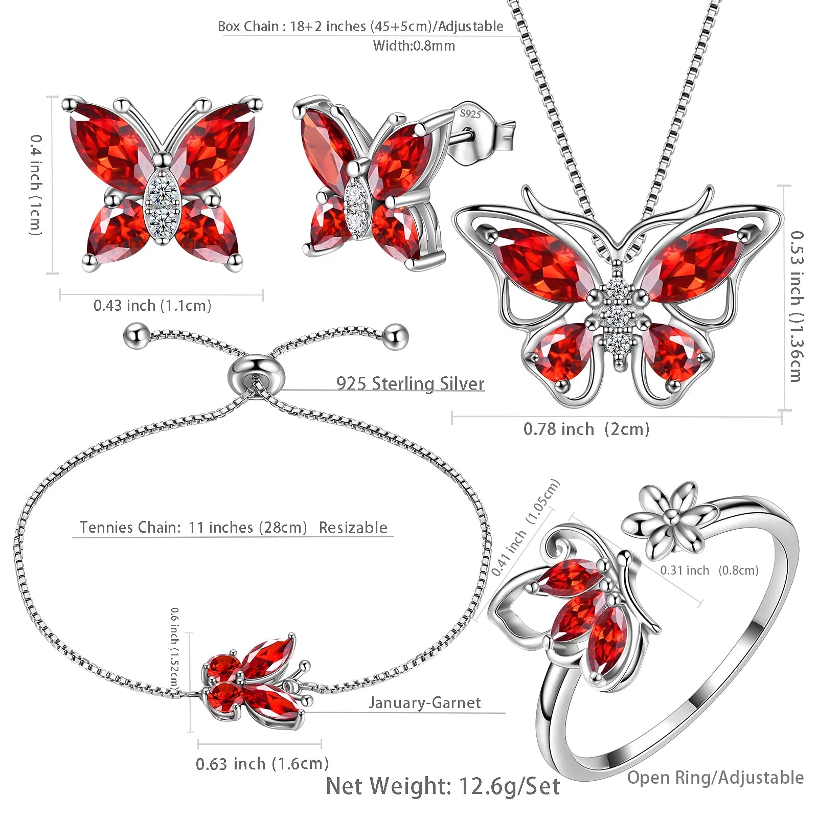 January Birthstone Jewelry Set: Red Butterfly Garnet Fine Necklace, Earrings, Ring, and Bracelet in Sterling Silver - Ideal Gifts for Christmas, Birthdays, and Mother's Day