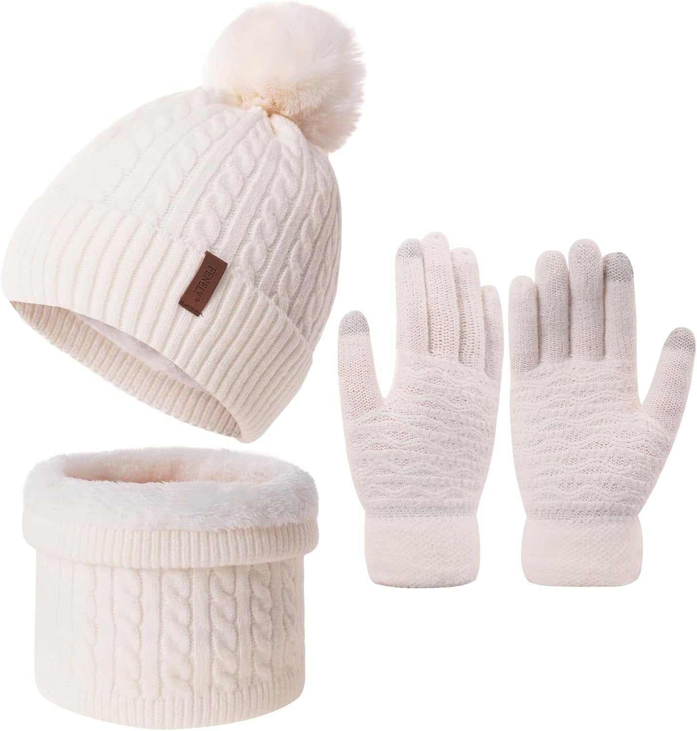 3-Piece Women's Winter Beanie, Scarf, and Touchscreen Gloves Set - Classic Knit Fleece-Lined Cable Cap