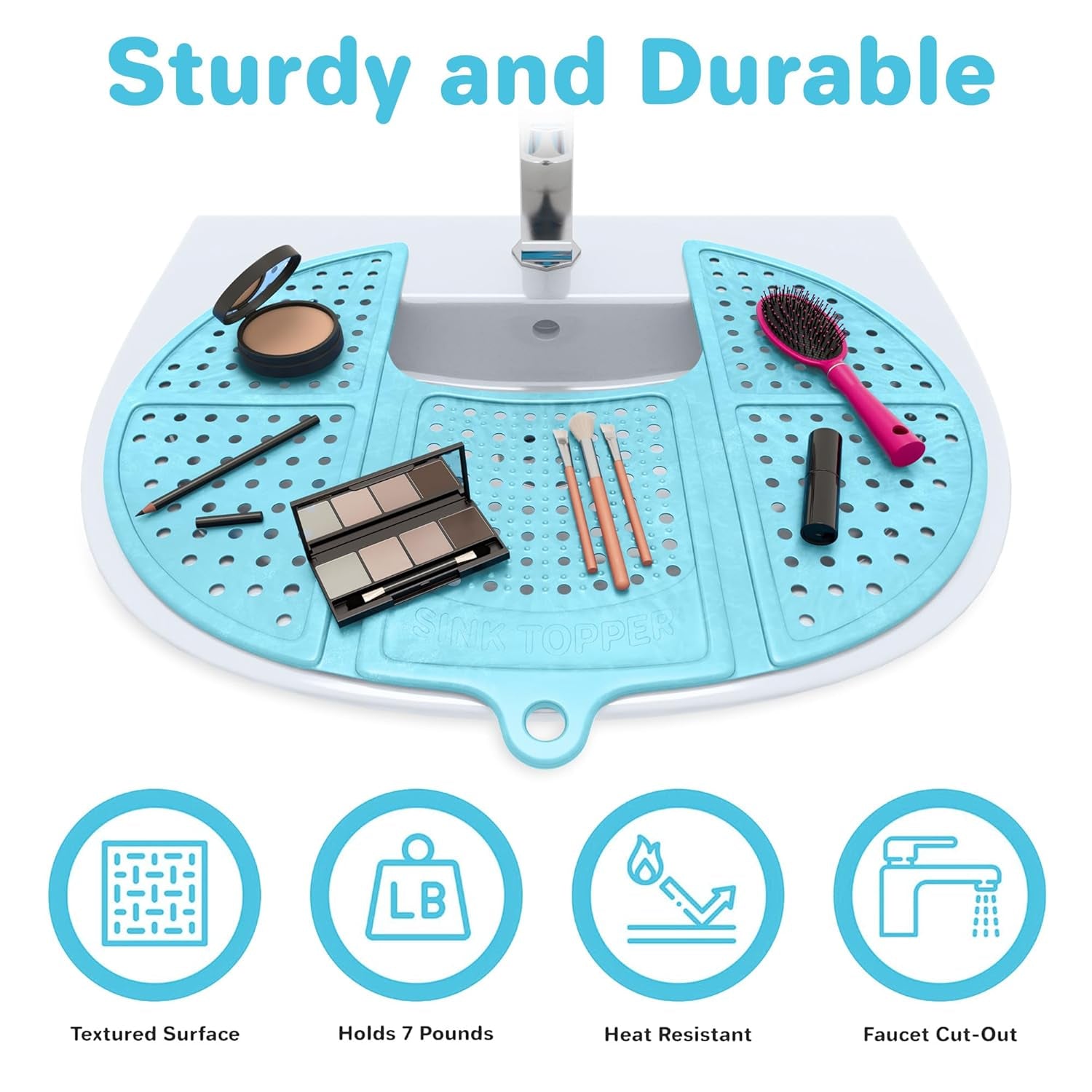 Bathroom Sink Cover for Enhanced Counter Space and Storage | Essential RV Accessory | Silicone Foldable Makeup Brush Cleaning Mat | Hot Tools Organizer | Standard Size, Pacific Blue