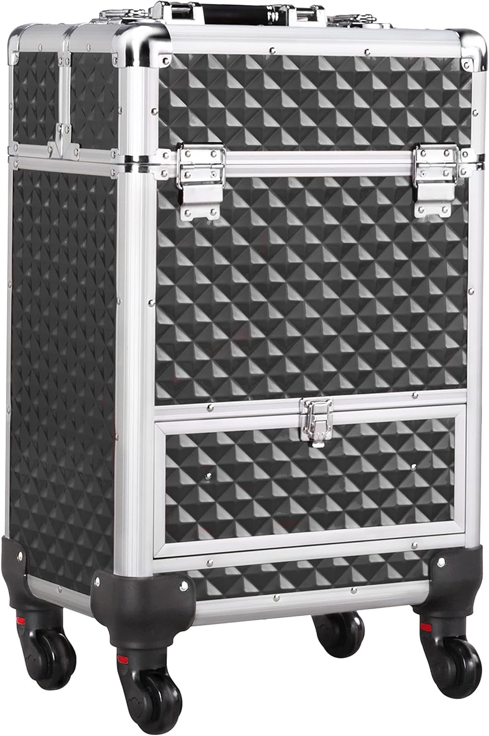 Professional Rolling Makeup Train Case - Aluminum Cosmetic Trolley with Wheels, Lockable Design, Sliding Drawers, and Removable Divider in Black/Red