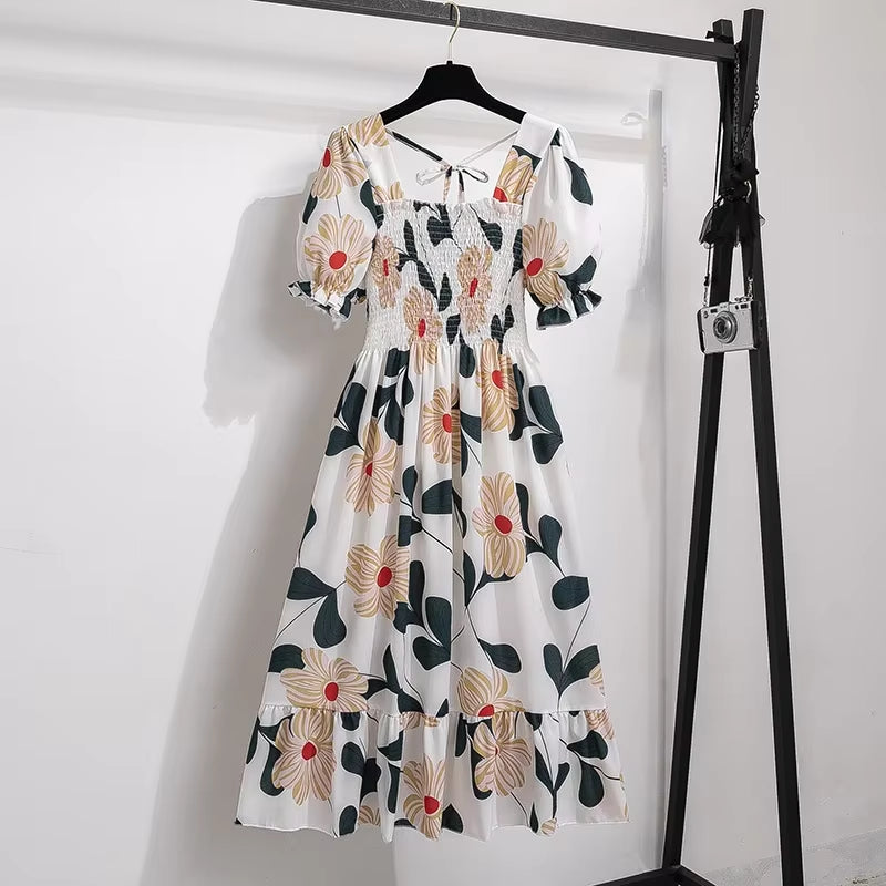 Spring Summer Chiffon Dresses Fashion Female Elastic Waist Short Sleeve Pleated Casual Dress Women A-Line Dresses Vestidos