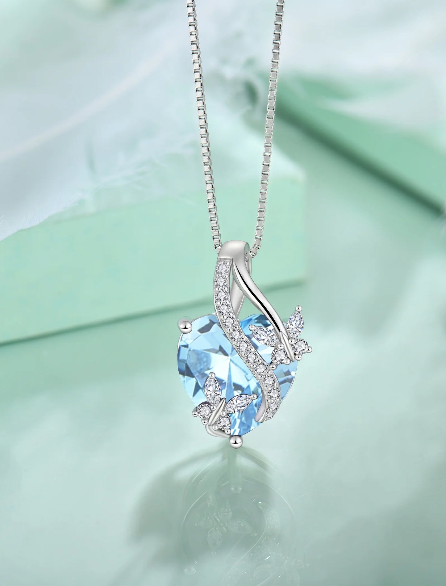 Sterling Silver Infinite Heart Pendant Butterfly Necklace for Women with Created Aquamarine Birthstone - Ideal Jewelry Gift for March Birthdays