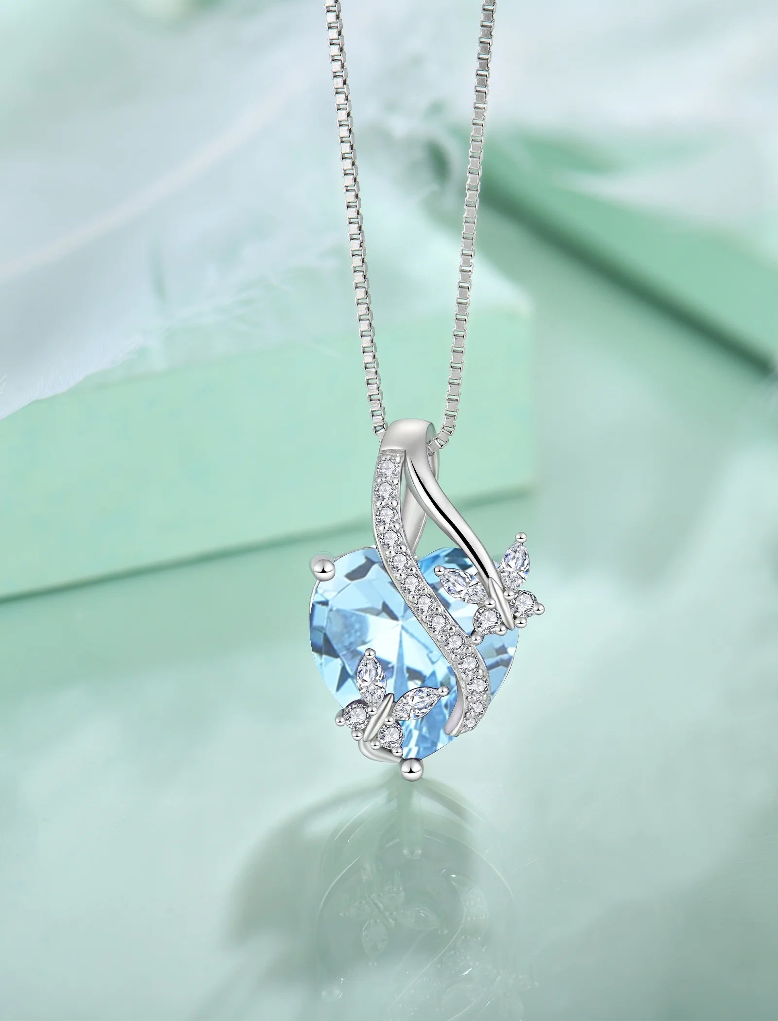 Sterling Silver Infinite Heart Pendant Butterfly Necklace for Women with Created Aquamarine Birthstone - Ideal Jewelry Gift for March Birthdays