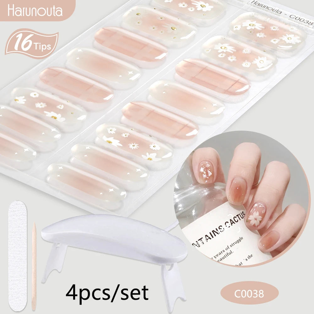 4Pcs/Set Semi Cured Gel Nail Strip with Nail Lamp Sparkly Shinning Gel Nail Polish Nail Stickers Kits Manicure Art