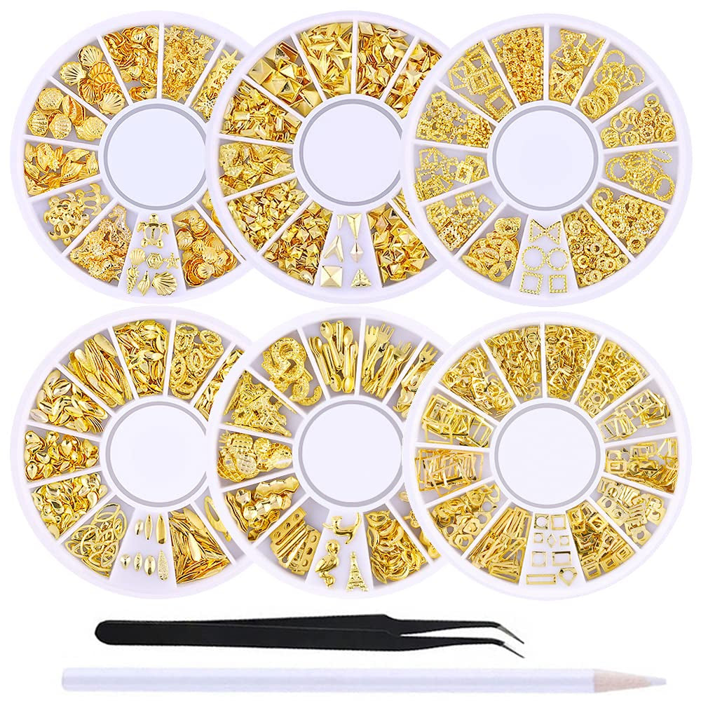 6 Boxes Gold Nail Charms Studs Rose Star Moon Feather Shape Metal Nail 3D Charm Kit 3D Nail Art Jewelry Decoration with 1Pc Tweezers and Picker Pencil Tools