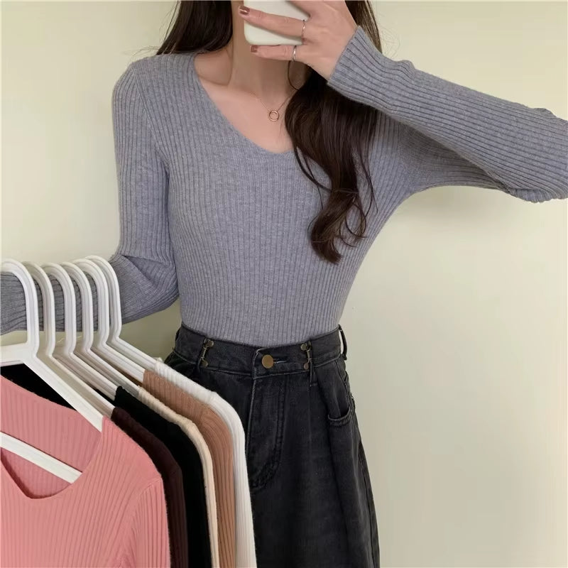 Women's Casual Long Sleeve Knitted Pullover - Autumn/Winter 2025 Solid Jersey Sweater
