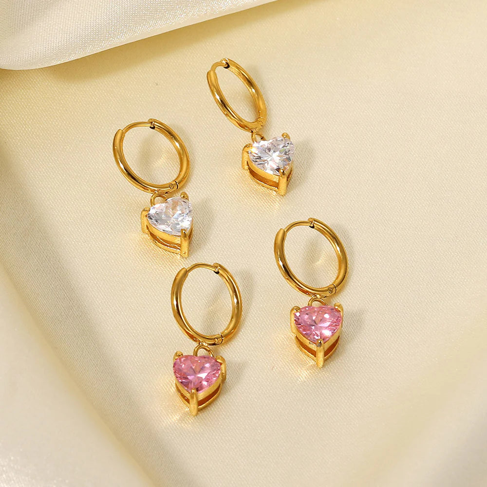 Pink Heart Cubic Zirconia Huggie Hoop Earrings - 18K Gold Plated
