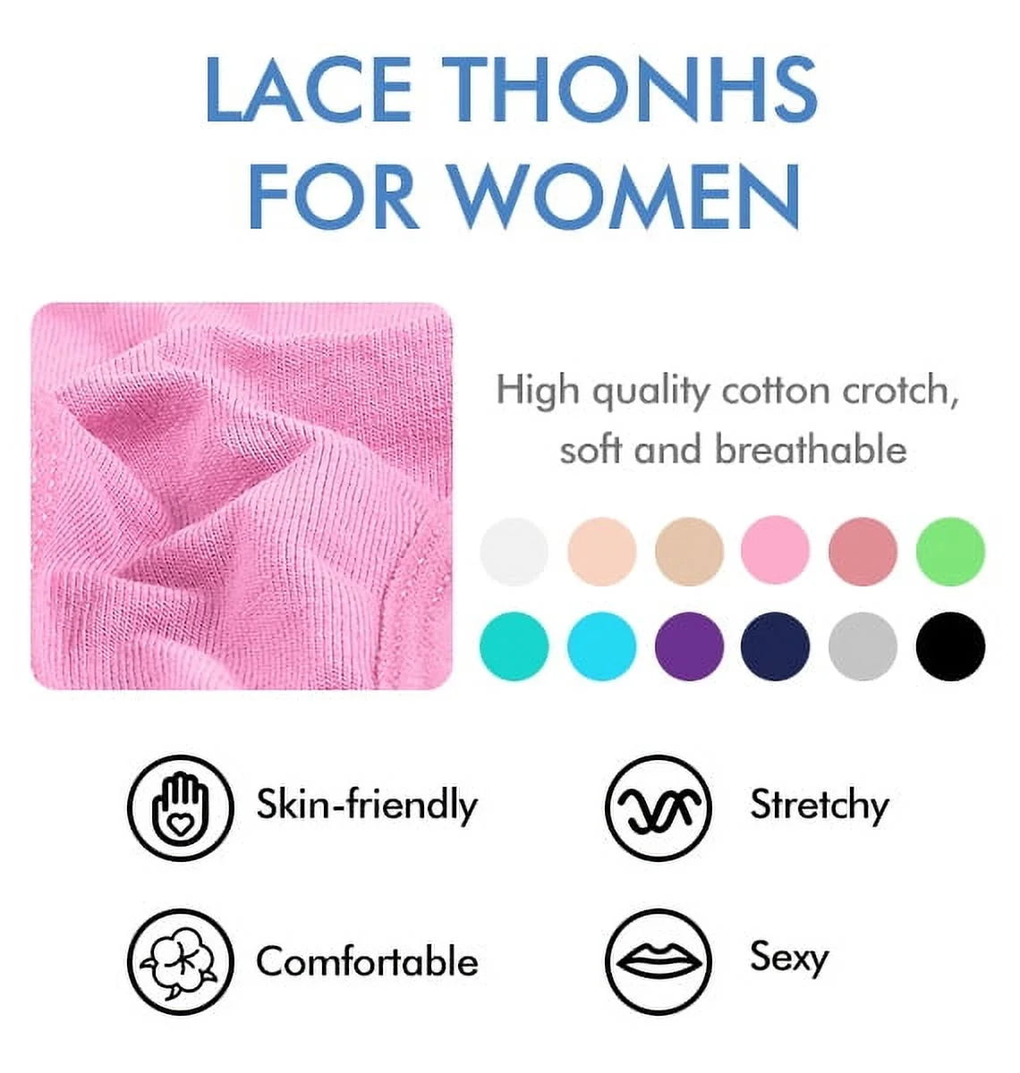 Women's Lace Thong Underwear - Cotton Cheeky T-Back Panties, 10 Pack