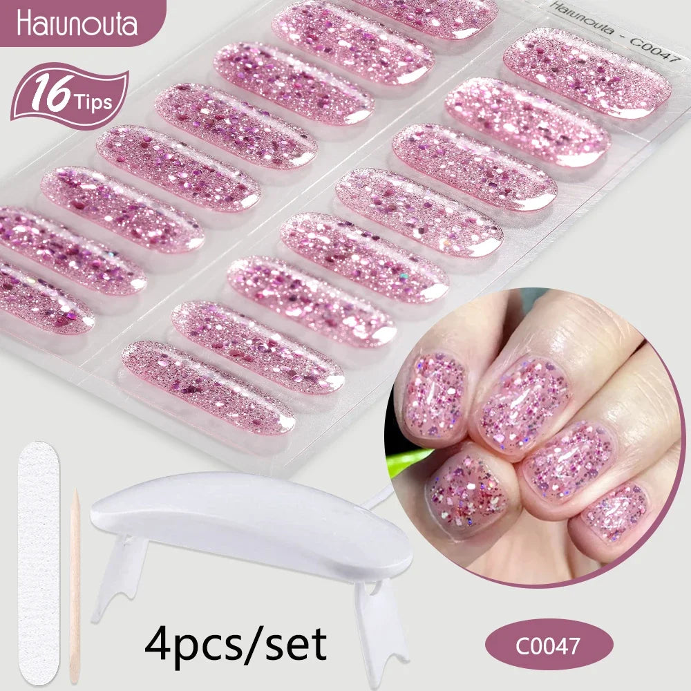 4Pcs/Set Semi Cured Gel Nail Strip with Nail Lamp Sparkly Shinning Gel Nail Polish Nail Stickers Kits Manicure Art
