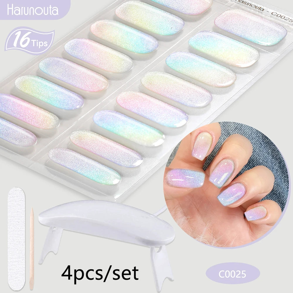 4Pcs/Set Semi Cured Gel Nail Strip with Nail Lamp Sparkly Shinning Gel Nail Polish Nail Stickers Kits Manicure Art