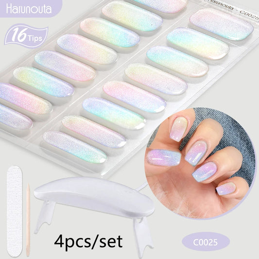 4Pcs/Set Semi Cured Gel Nail Strip with Nail Lamp Sparkly Shinning Gel Nail Polish Nail Stickers Kits Manicure Art