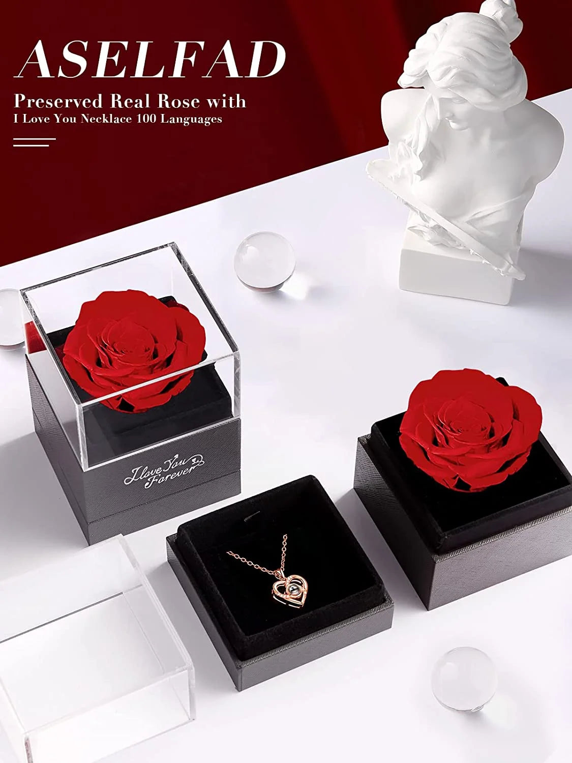 Eternal Preserved Red Rose with "I Love You" Necklace in 100 Languages - Timeless Floral Gift for Mother's Day, Birthdays, Anniversaries, and Romantic Occasions