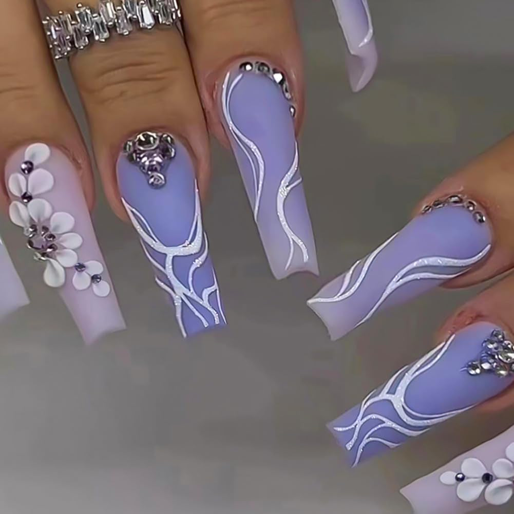 French Marble Coffin-Shaped Fake Nails with Glitter Rhinestones - 24 Piece Matte Adhesive Set for Women