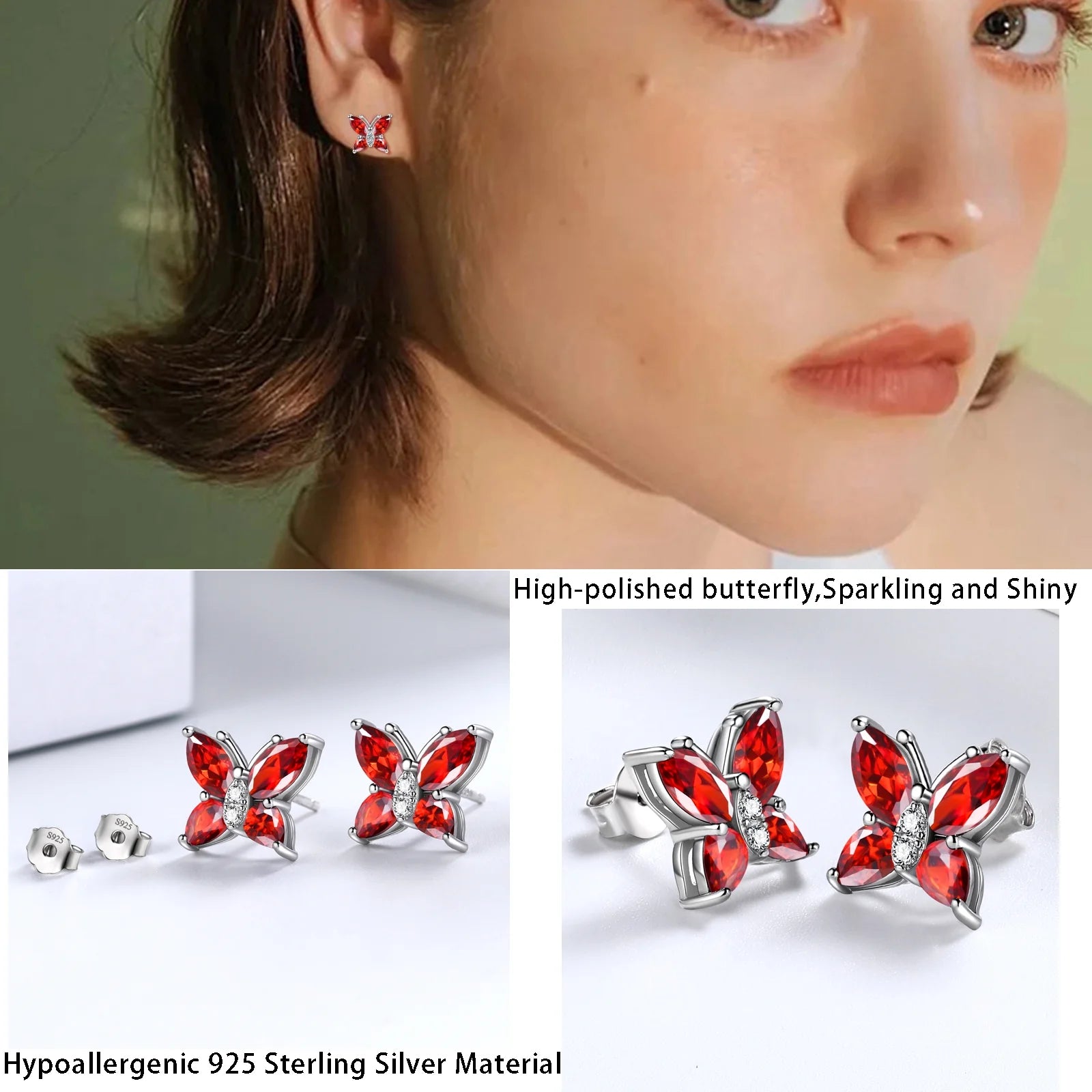 January Birthstone Jewelry Set: Red Butterfly Garnet Fine Necklace, Earrings, Ring, and Bracelet in Sterling Silver - Ideal Gifts for Christmas, Birthdays, and Mother's Day