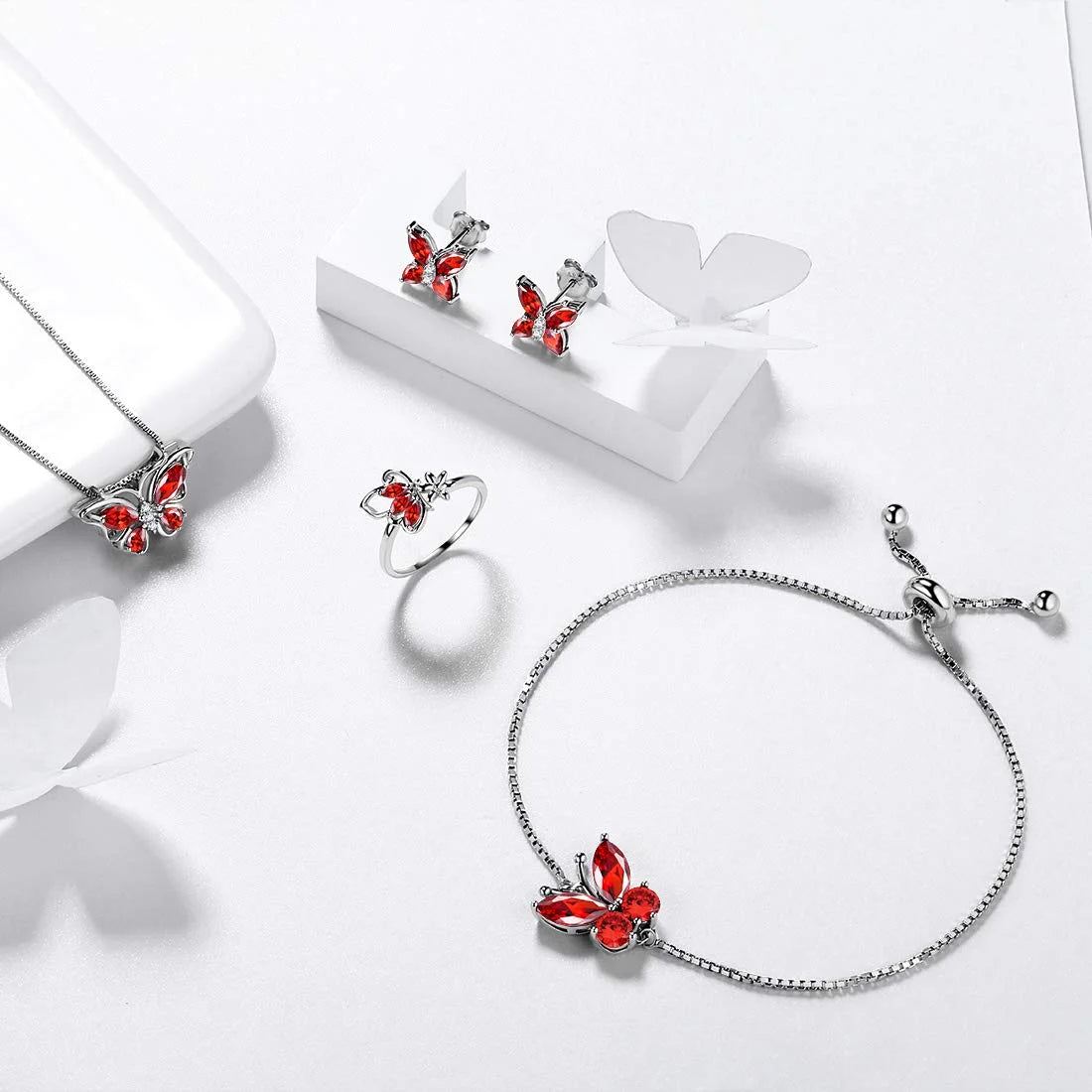 January Birthstone Jewelry Set: Red Butterfly Garnet Fine Necklace, Earrings, Ring, and Bracelet in Sterling Silver - Ideal Gifts for Christmas, Birthdays, and Mother's Day