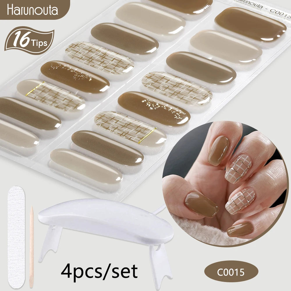 4Pcs/Set Semi Cured Gel Nail Strip with Nail Lamp Sparkly Shinning Gel Nail Polish Nail Stickers Kits Manicure Art