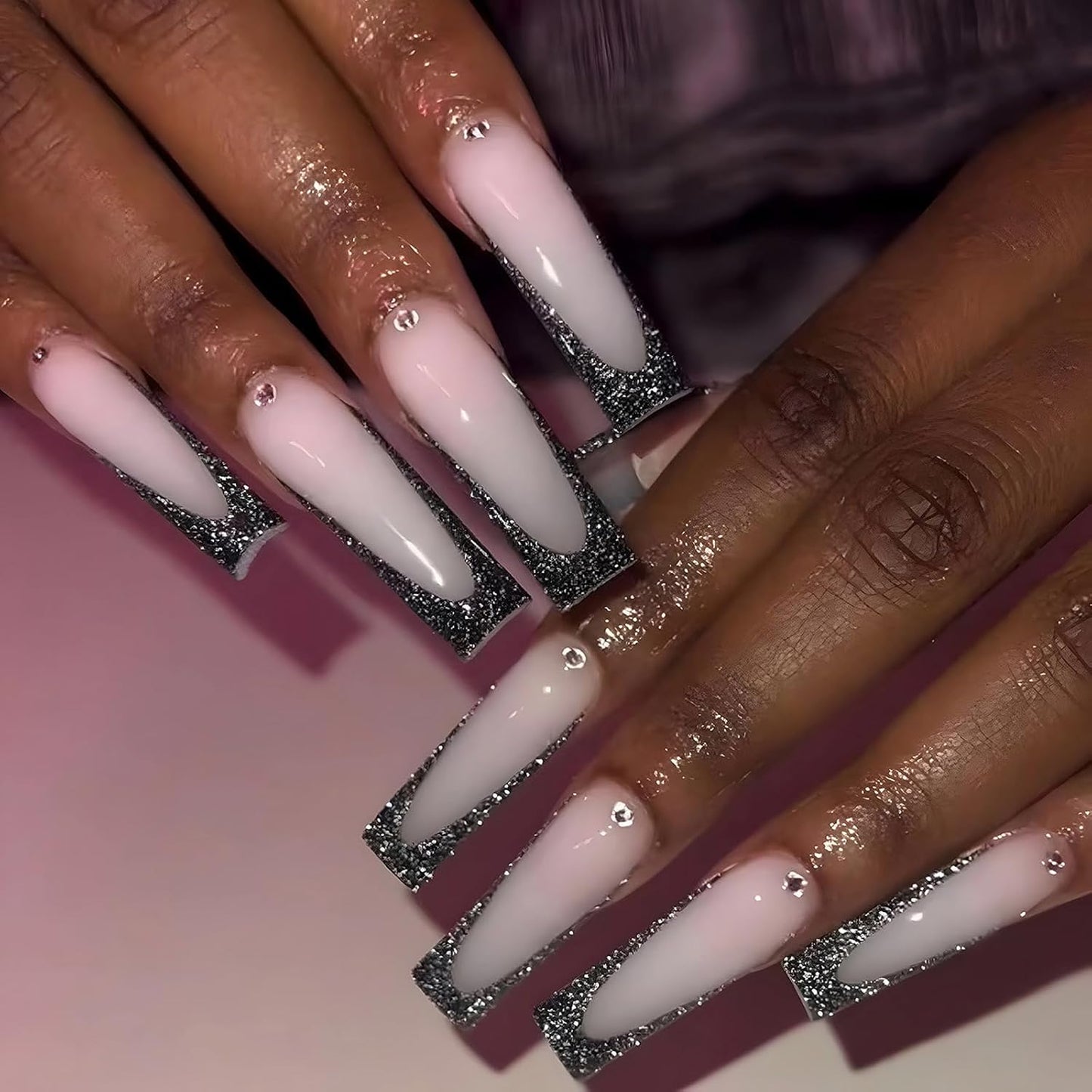 Long Square Press-On Nails with Black French Tip and Acrylic Flower Rhinestone Design - 24 Pieces