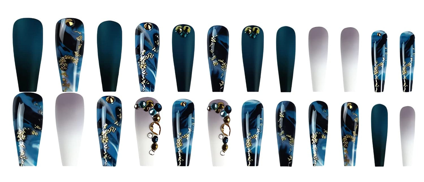French Marble Coffin-Shaped Fake Nails with Glitter Rhinestones - 24 Piece Matte Adhesive Set for Women